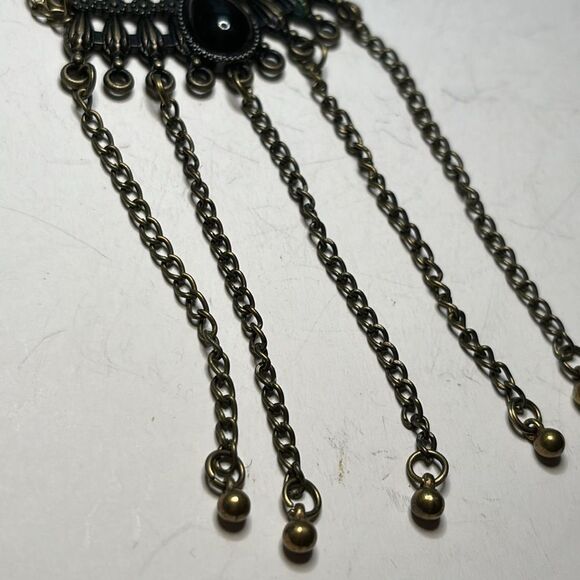 Long gothic inspired dark brass metal fringe chain necklace black stone 30” - Picture 3 of 5